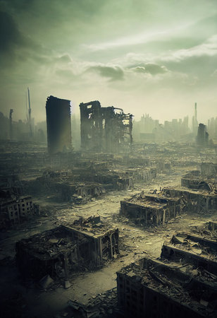 A post-apocalyptic ruined city. Destroyed buildings, destroyed roads, blown up skyscrapers. The concept of the apocalypse. 3d renderingの素材