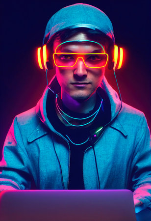 A fictional person, not based on a real person. Portrait of a hacker wearing a cyberpunk headset, neon virtual glasses, and cyberpunk gear. A high-tech futuristic man from the future. 3D rendering.の素材