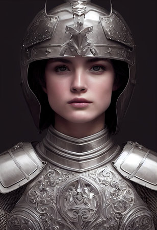 A fictional person, not based on a real person. Portrait of an ancient female warrior in ancient warrior armor. The concept of an ancient brave warrior. 3D render.の素材