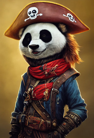 Portrait of a brutal panda pirate. Medieval pirate panda in a vintage costume against a isolated background. 3D rendering.の素材