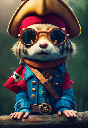 Portrait of a brutal chipmunk pirate. Medieval pirate chipmunk in a vintage costume against a forest background. 3D rendering.の素材