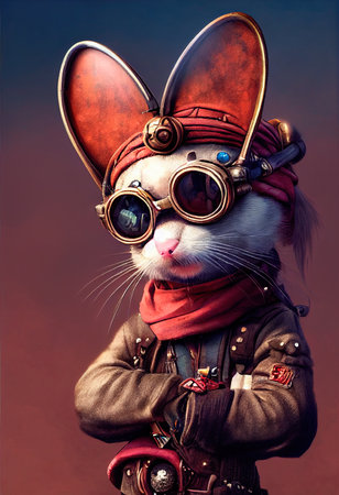 Portrait of a brutal chipmunk pirate. Medieval pirate chipmunk in a vintage costume against a forest background. 3D rendering.の素材