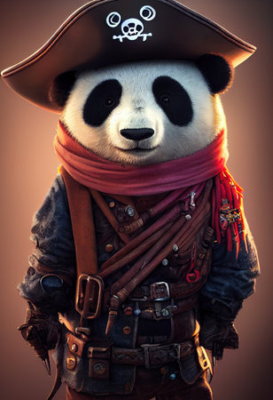 Portrait of a brutal panda pirate. Medieval pirate panda in a vintage costume against a isolated background. 3D rendering.の素材