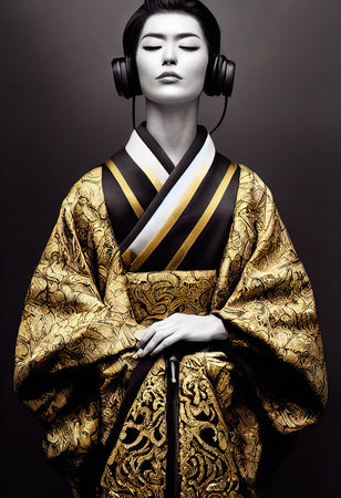 A fictional person, not based on a real person. A young beautiful geisha in a kimono and headphones. Portrait of a beautiful geisha in a black and gold kimono. 3D rendering.の素材
