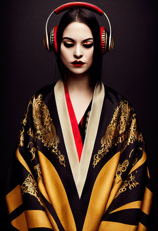 A fictional person, not based on a real person. A young beautiful geisha in a kimono and headphones. Portrait of a beautiful geisha in a black and gold kimono. 3D rendering.の素材