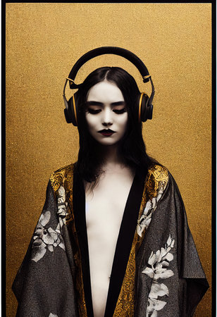 A fictional person, not based on a real person. A young beautiful geisha in a kimono and headphones. Portrait of a beautiful geisha in a black and gold kimono. 3D rendering.の素材