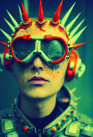 A fictional person, not based on a real person. Abstract portrait of a fantasy steampunk man. High-tech futuristic man. Concept of virtual reality and steampunk. 3D rendering.の素材