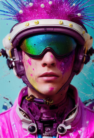 A fictional person, not based on a real person. Abstract portrait of a fantasy steampunk man. High-tech futuristic man. Concept of virtual reality and steampunk. 3D rendering.の素材