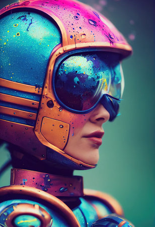 A fictional person, not based on a real person. Abstract portrait of a fantasy steampunk man. High-tech futuristic man. Concept of virtual reality and steampunk. 3D rendering.の素材