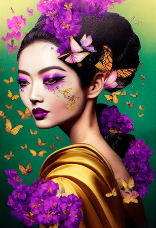 A fictional person, not based on a real person. Abstract colorful portrait of a pretty geisha with beautiful makeup and butterflies. Fashionable cute woman. Creative beautiful girl. 3d renderingの素材
