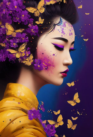 A fictional person, not based on a real person. Abstract colorful portrait of a pretty geisha with beautiful makeup and butterflies. Fashionable cute woman. Creative beautiful girl. 3d renderingの素材