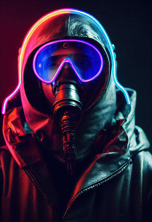 A stalker survivor in protective clothing and an neon gas mask. Survivor of nuclear war. 3d renderingの素材