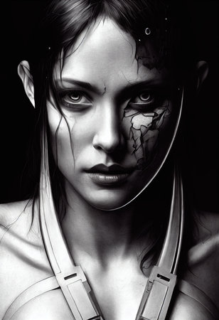 A fictional person, not based on a real person. Fictional portrait of a sci-fi cyberpunk girl. High-tech futuristic woman from the future. The concept of virtual reality and cyberpunk. 3D render.の素材