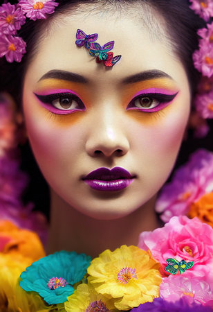 A fictional person, not based on a real person. Abstract colorful portrait of a pretty geisha with beautiful makeup and butterflies. Fashionable cute woman. Creative beautiful girl. 3d renderingの素材