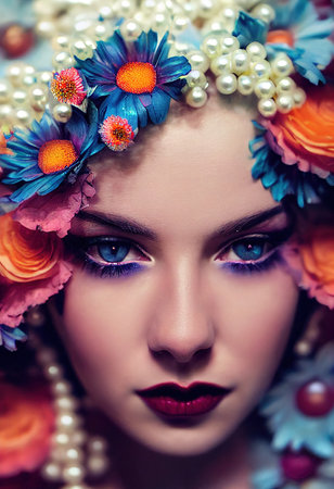 A fictional person, not based on a real person. Abstract colorful portrait of a beautiful girl with flowers. Fashionable cute woman. Creative beautiful girl. 3d renderingの素材