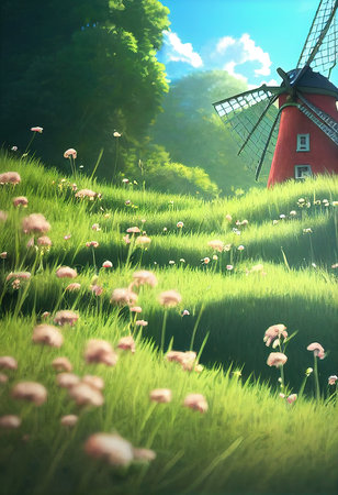 Village Mill at dawn. Green Field with flowers and old mill. 3D render.の素材