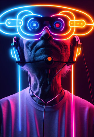 A fictional person, not based on a real person. Fictional portrait of a grandfather in a futuristic cyberpunk style with a cyber headset. The concept of virtual reality and cyberpunk. 3D renderの素材