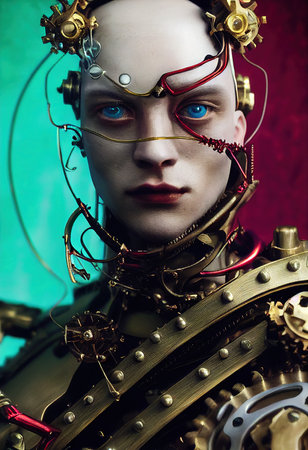 Portrait of a vintage robot. An artistic abstract steampunk fantasy. Concept of a retro robot. 3d renderingの素材