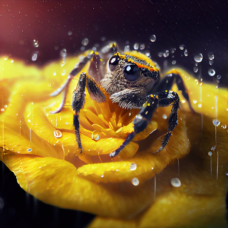 Macro shot of an unusual spider sitting on a flower, close-up. Generative AI Art.の素材