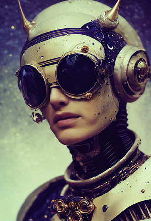 Abstract portrait of a fantasy cyberpunk man. High-tech futuristic man from the future. Concept of virtual reality and cyberpunk. 3D rendering.の素材