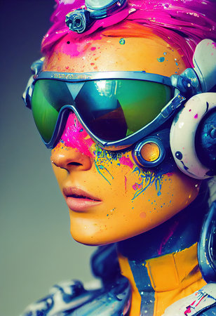 Abstract portrait of a fantasy cyberpunk man. High-tech futuristic man from the future. Concept of virtual reality and cyberpunk. 3D rendering.の素材