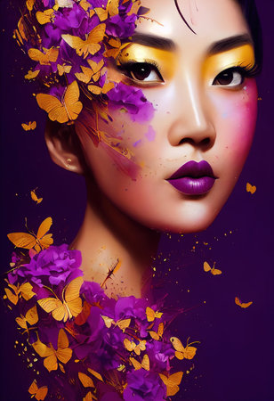 Abstract colorful portrait of a beautiful geisha with butterflies. Fashionable cute woman. Creative beautiful girl. 3d renderingの素材