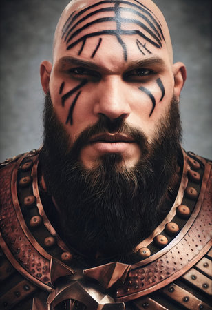 Portrait of an ancient warrior with a beard and in ancient clothing. Concept of an ancient brave warrior. 3D render.の素材