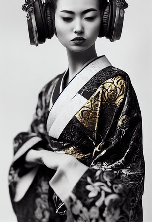 A young beautiful geisha in a kimono and headphones. Portrait of a beautiful geisha in a black and gold kimono. 3D rendering.の素材