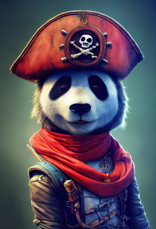 Portrait of a brutal panda pirate. Medieval pirate panda in a vintage costume against a isolated background. 3D rendering.の素材