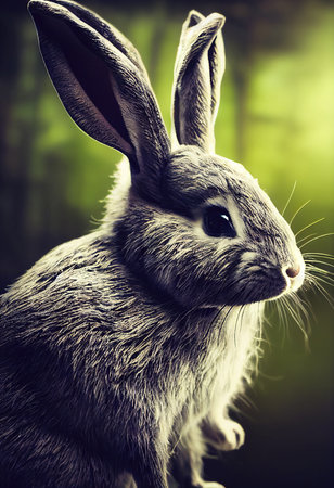 Cute rabbit on green grass. A domestic ornamental rabbit in the wild. 3D rendering.の素材