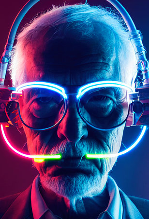 Fictional portrait of a grandfather in a futuristic cyberpunk style with a cyber headset. A high-tech man from the future. The concept of virtual reality and cyberpunk. 3D renderの素材