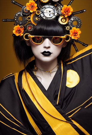 Portrait of a Victorian steampunk robot with beautiful makeup. Artistic abstract steampunk fantasy. The concept of a vintage robot. 3d renderingの素材