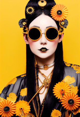 Portrait of a Victorian steampunk robot with beautiful makeup. Artistic abstract steampunk fantasy. The concept of a vintage robot. 3d renderingの素材