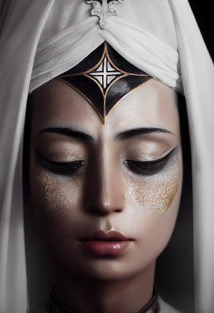 Portrait of a beautiful priestess with makeup. Image of an ancient princess. 3D renderingの素材
