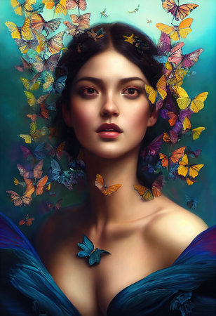 Abstract colorful portrait of a beautiful girl with butterflies. Fashionable cute woman. Creative beautiful girl. 3d renderingの素材