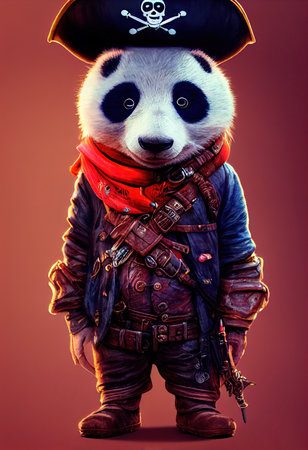Portrait of a brutal panda pirate. Medieval pirate panda in a vintage costume against a isolated background. 3D rendering.の素材