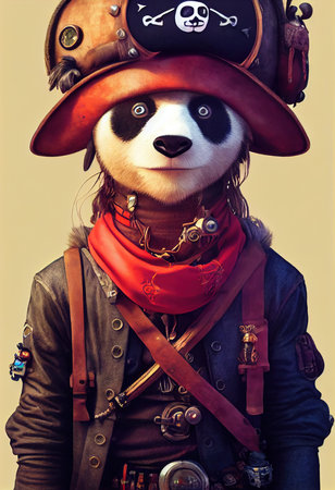 Portrait of a brutal panda pirate. Medieval pirate panda in a vintage costume against a isolated background. 3D rendering.の素材