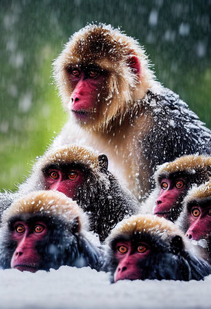 Wild snow monkeys in winter against a background of falling snow. 3D render.の素材