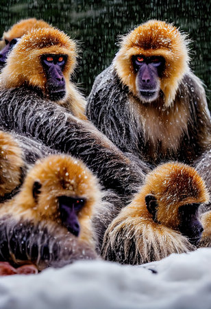Wild snow monkeys in winter against a background of falling snow. 3D render.の素材