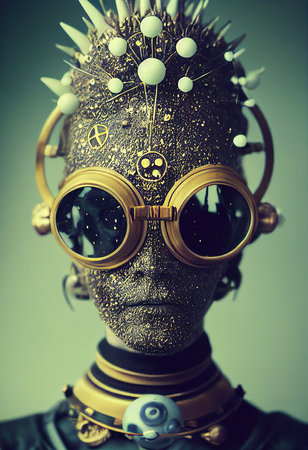 Abstract portrait of a fantasy cyberpunk man. High-tech futuristic man from the future. Concept of virtual reality and cyberpunk. 3D rendering.の素材