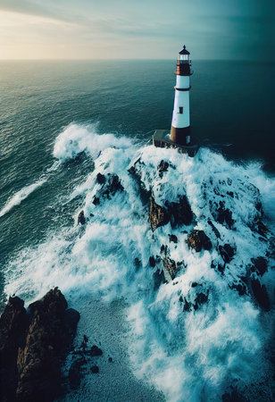 A lighthouse on the rocky shore of the blue ocean. The raging ocean and the lighthouse in the middle of the rocks. 3D rendering.の素材