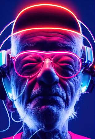 Fictional portrait of a grandfather in a futuristic cyberpunk style with a cyber headset. A high-tech man from the future. The concept of virtual reality and cyberpunk. 3D renderの素材