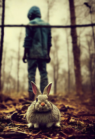 Cute rabbit on green grass in an apocalyptic forest. A domestic ornamental rabbit in the wild. 3D rendering.の素材