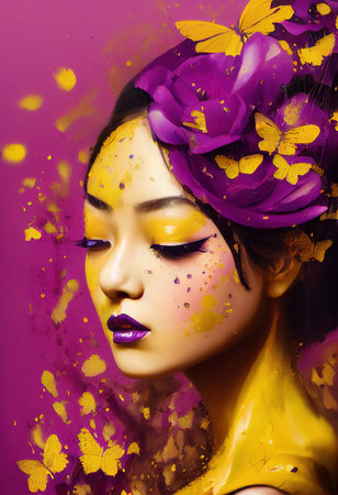 Abstract colorful portrait of a beautiful geisha with butterflies. Fashionable cute woman. Creative beautiful girl. 3d renderingの素材