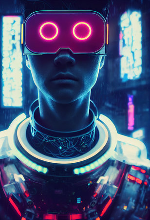 Fictional portrait of a sci-fi cyberpunk man. High-tech futuristic man from the future. The concept of virtual reality and cyberpunk. 3D render.の素材