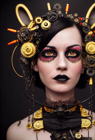 Portrait of a Victorian steampunk robot with beautiful makeup. Artistic abstract steampunk fantasy. The concept of a vintage robot. 3d renderingの素材