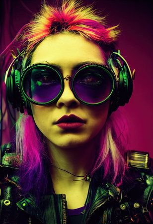 Fictional portrait of a fictional punk pretty girl with headphones and colored hair. Hipster girl with punk hair. 3D renderの素材
