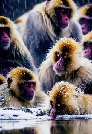 Wild snow monkeys in winter against a background of falling snow. 3D render.の素材