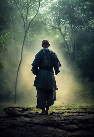 Ninja in training in the morning forest. The concept of ancient Japanese ninjas. 3D rendering.の素材