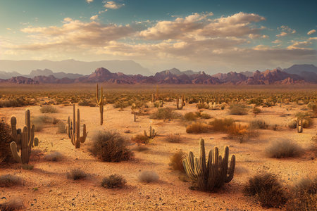 The arid landscape of the hot Sahara Desert. Cacti and sand with dunes. The nature of the hot desert. 3D renderの素材